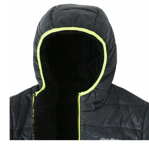 Eddie Bauer Reversible Fuzzy Fleece Jacket Black Neon Yellow Trim Medium 10-12 - Picture 3 of 15